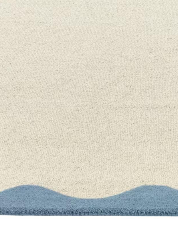 Modern Wavy Border Area Rug – Minimalist Cream Carpet with Blue Edge for Living Room, Bedroom & Contemporary Home Décor