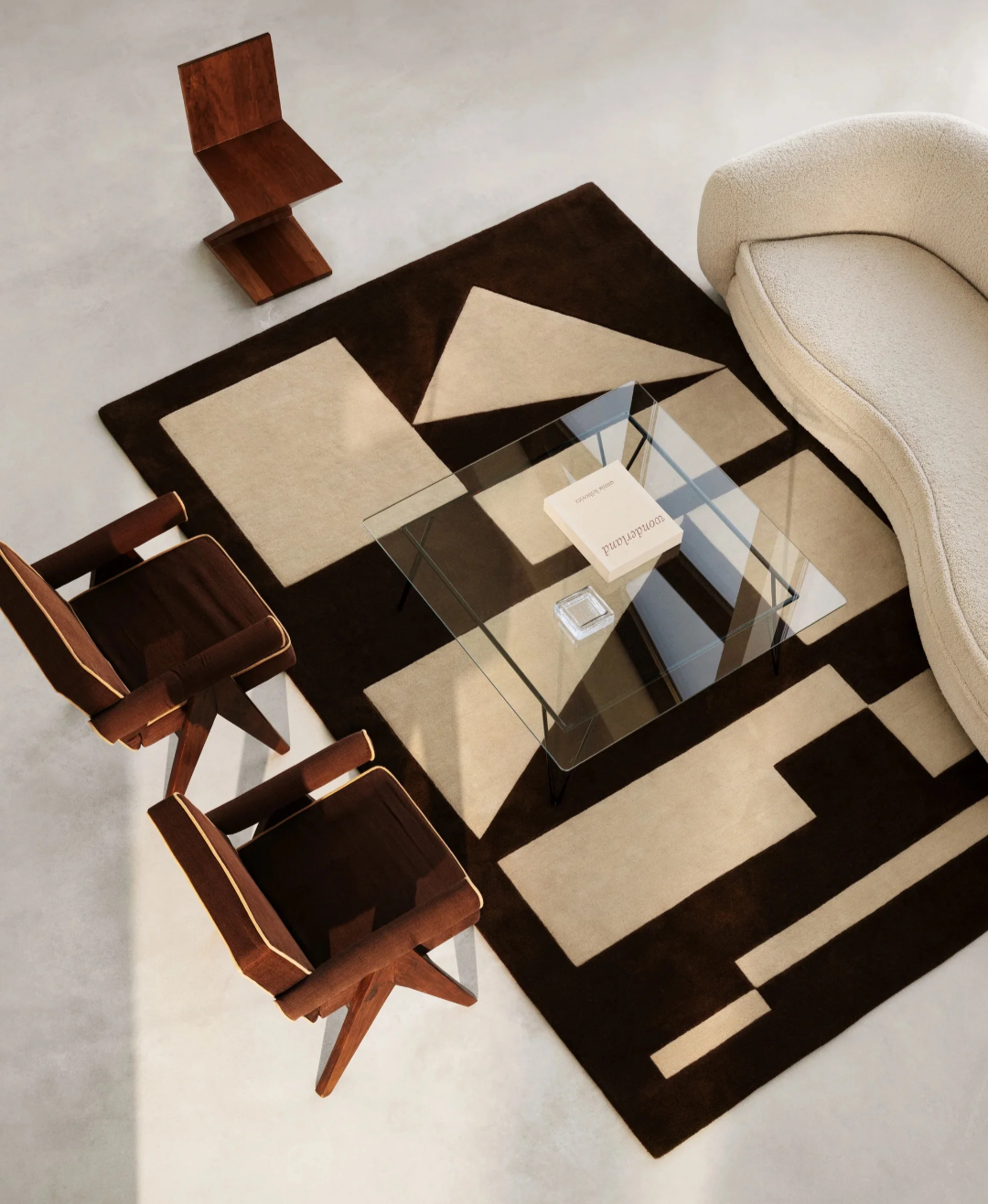 Modern Geometric Area Rug – Brown and Cream Abstract Wool Carpet for Living Room & Bedroom Decor