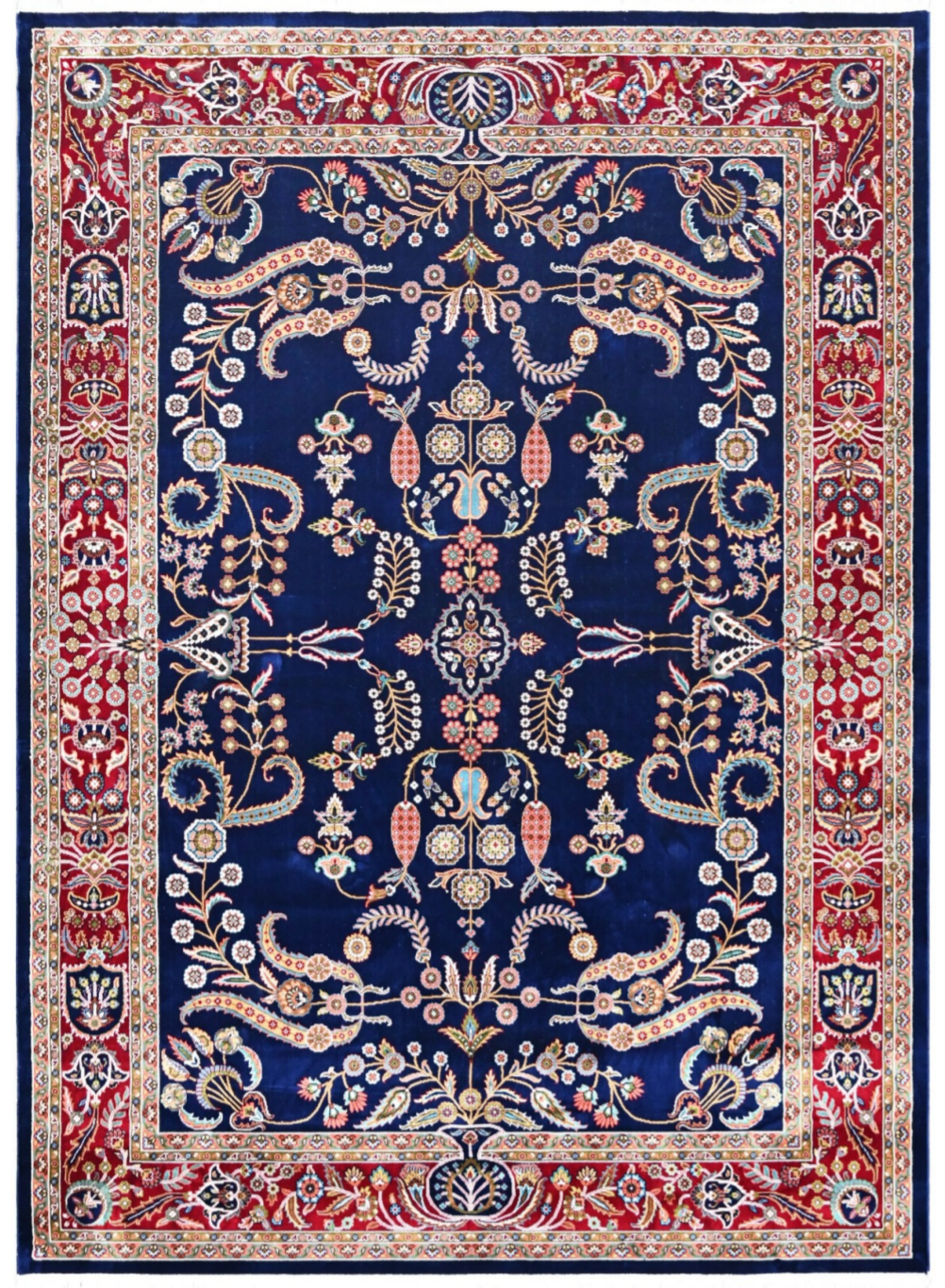 Luxury Persian Silk Area Rug – Royal Blue Floral Design with Rich Red Traditional Border