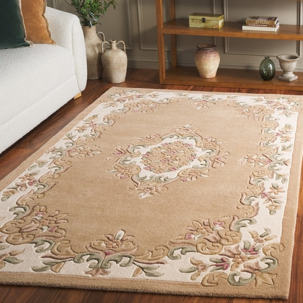 Elegant Beige Aubusson Area Rug – Handcrafted Wool Carpet with Floral Border for Living Room & Bedroom Décor