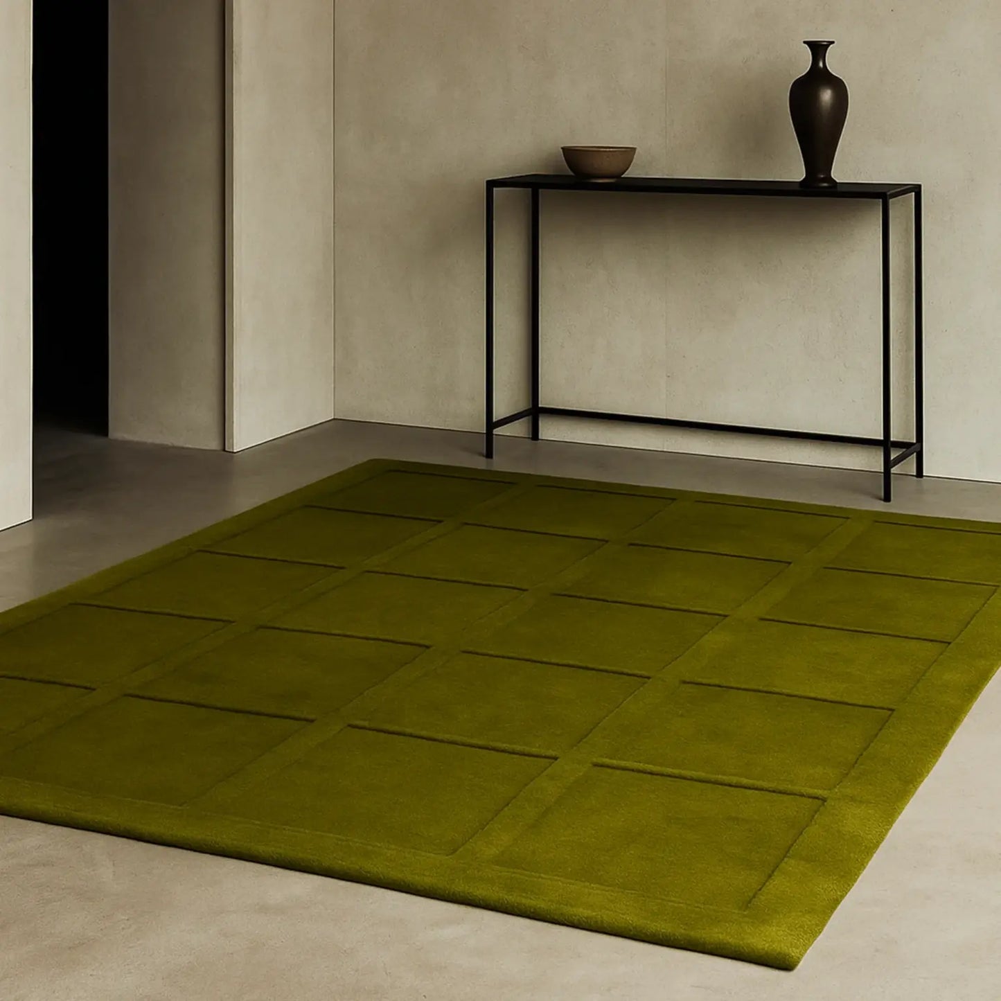 Olive Green Grid Area Rug – Modern Geometric Carpet for Living Room, Bedroom & Contemporary Home Décor