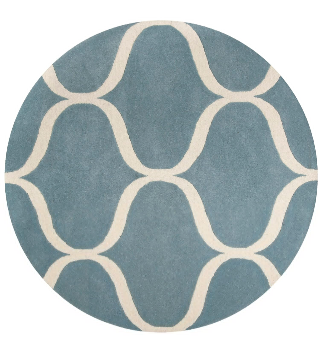 Blue and Ivory Round Area Rug – Modern Moroccan Trellis Pattern Carpet for Living Room or Bedroom Decor