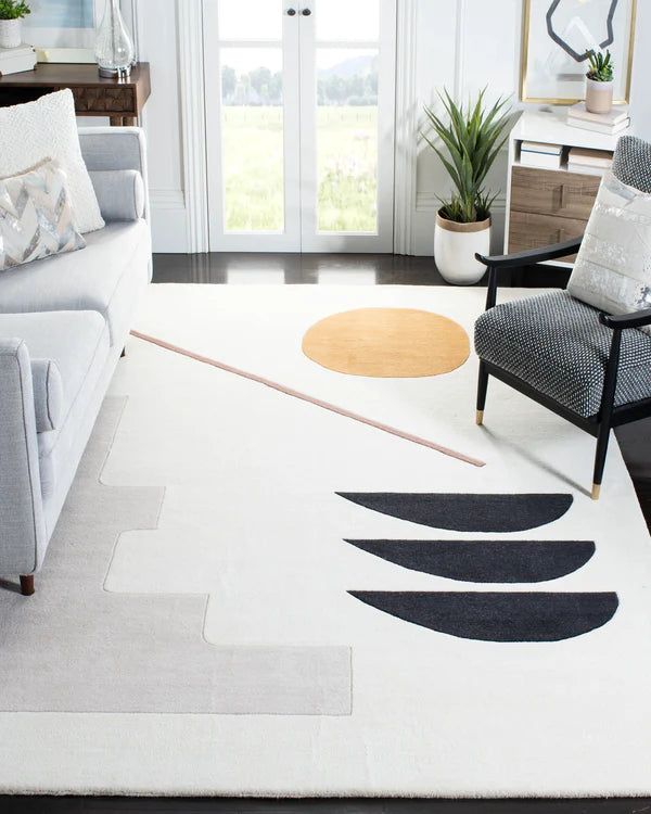 Minimalist Modern Abstract Area Rug – White Geometric Carpet with Sun & Shape Pattern for Living Room or Office Decor