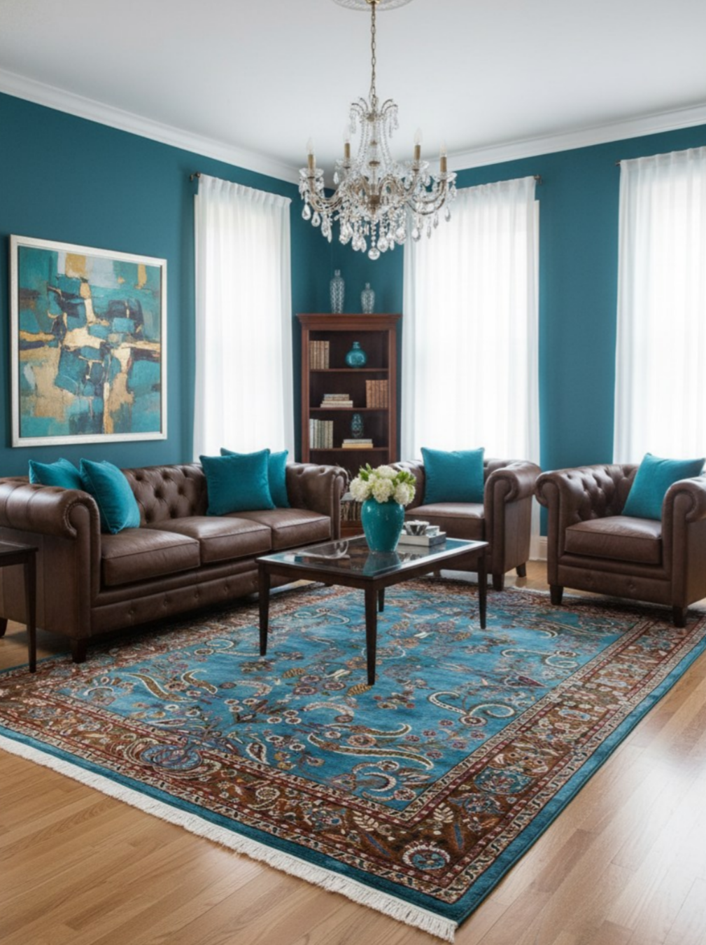 Luxury Persian Silk Area Rug – Turquoise Blue Floral Design with Rich Brown Traditional Border