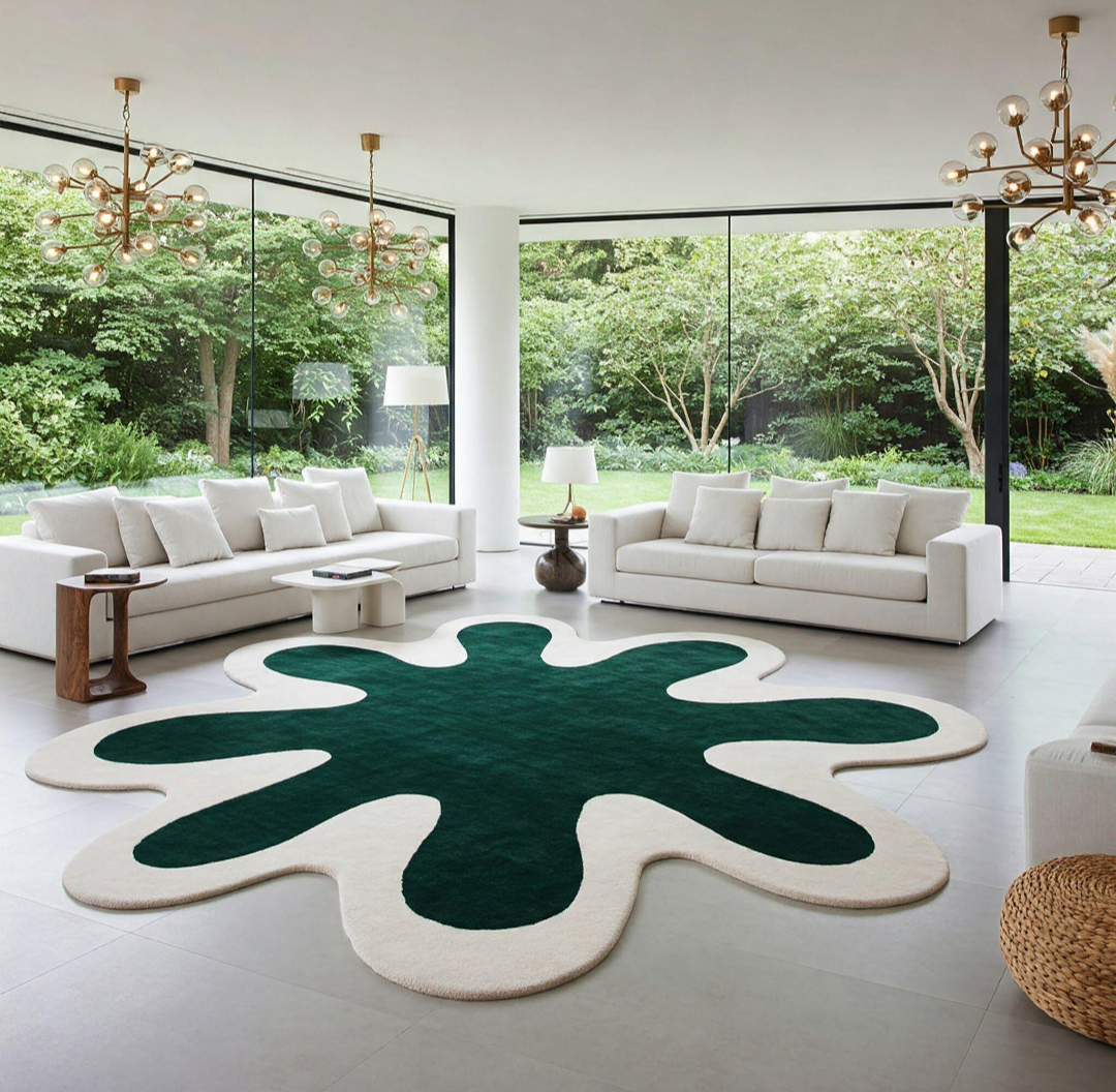 Modern Abstract Splatter Area Rug – Large Green and White Statement Carpet for Living Room or Lounge Decor