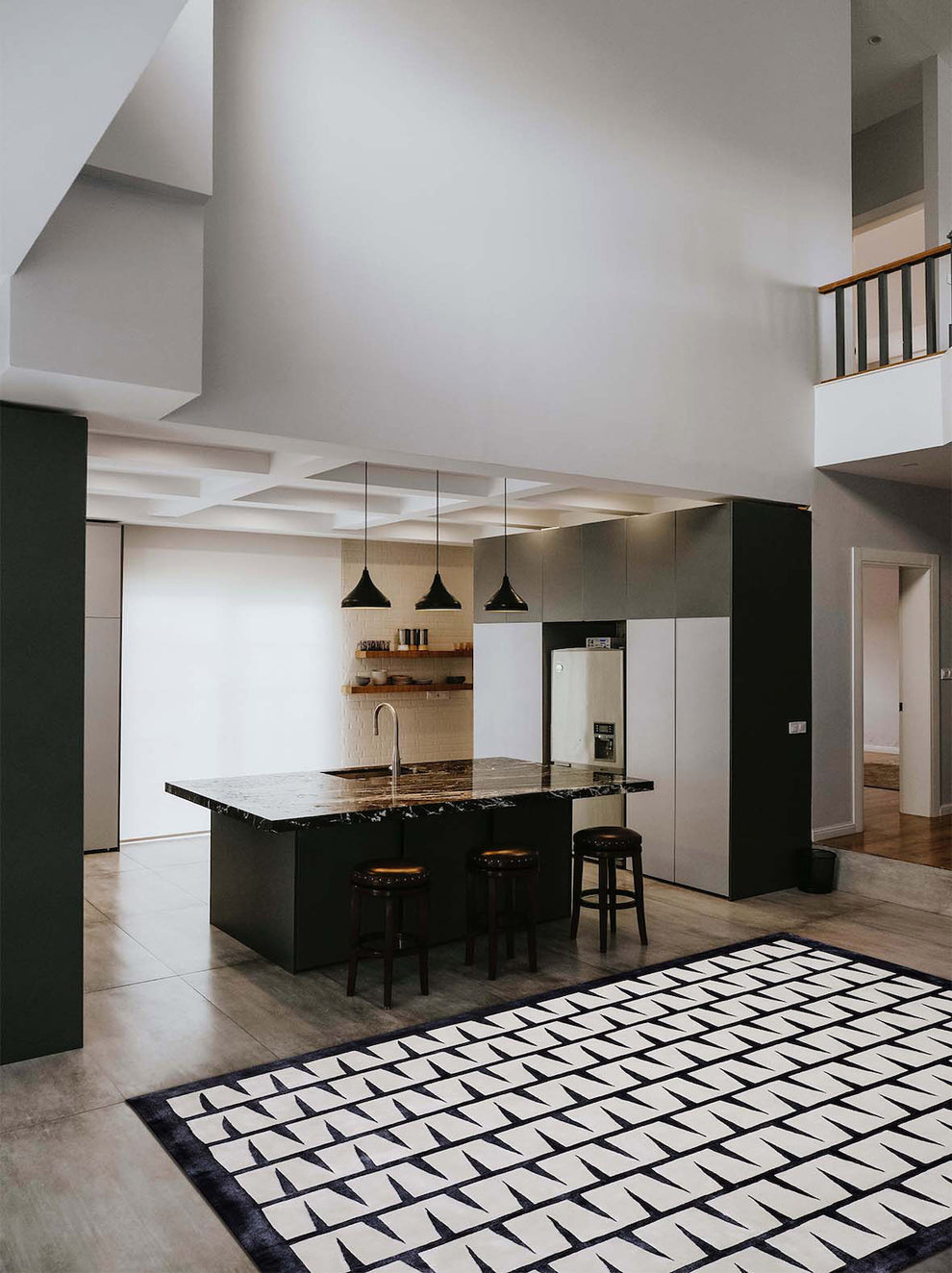 Modern Geometric Hand-Knotted Wool Rug | Black & Ivory Contemporary Area Carpet | Minimalist Handmade Living Room & Bedroom Decor
