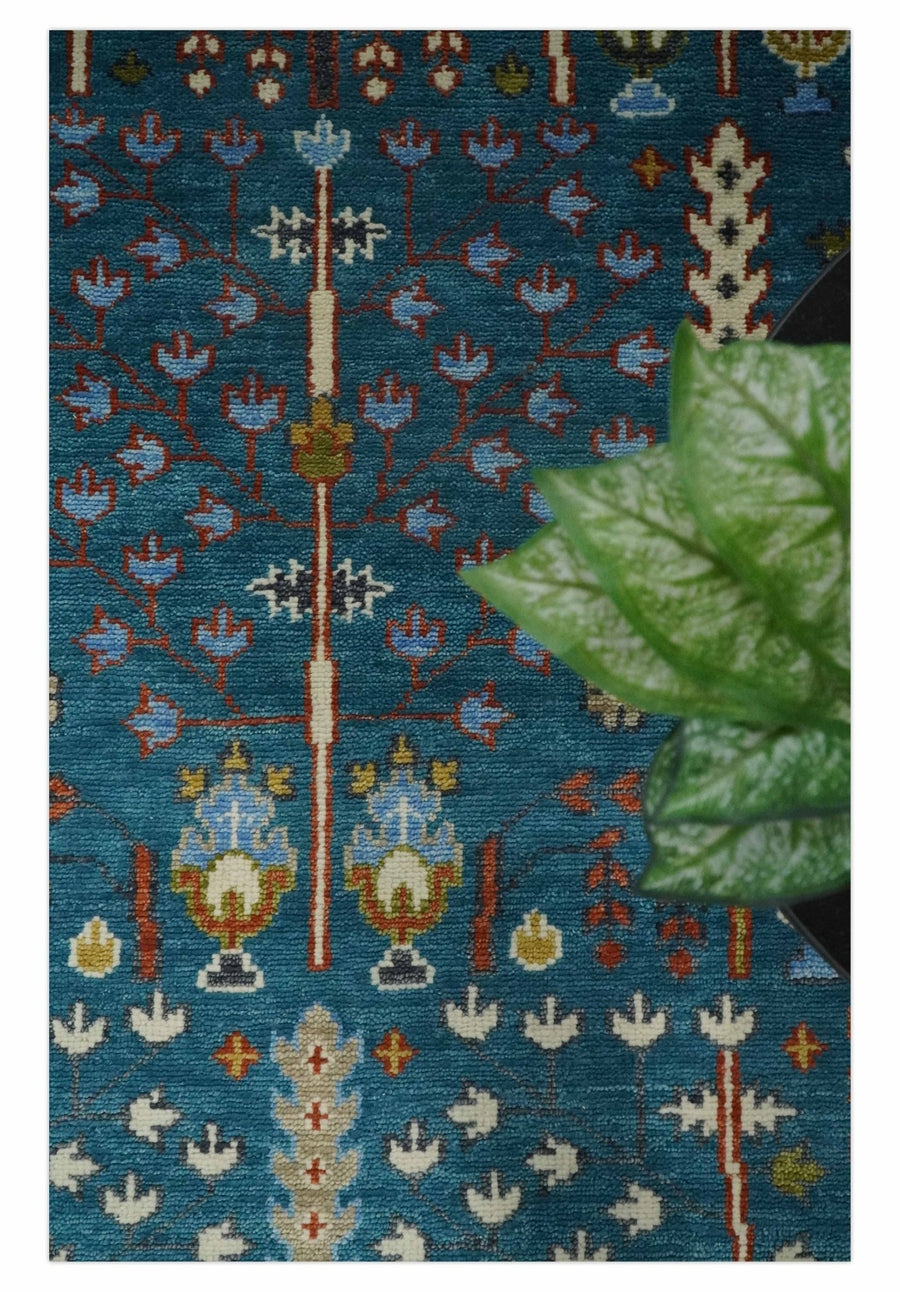 Hand-Knotted Oushak Rug in Teal Blue – Authentic Turkish Wool Oriental Carpet