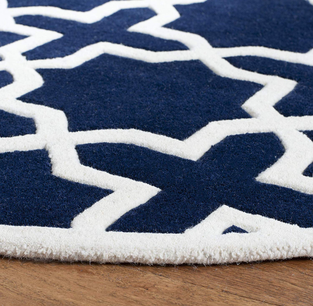 Round Navy Blue and White Moroccan Style Carpet – Soft Geometric Area Rug for Living Room & Bedroom – Elegant Modern Floor Mat