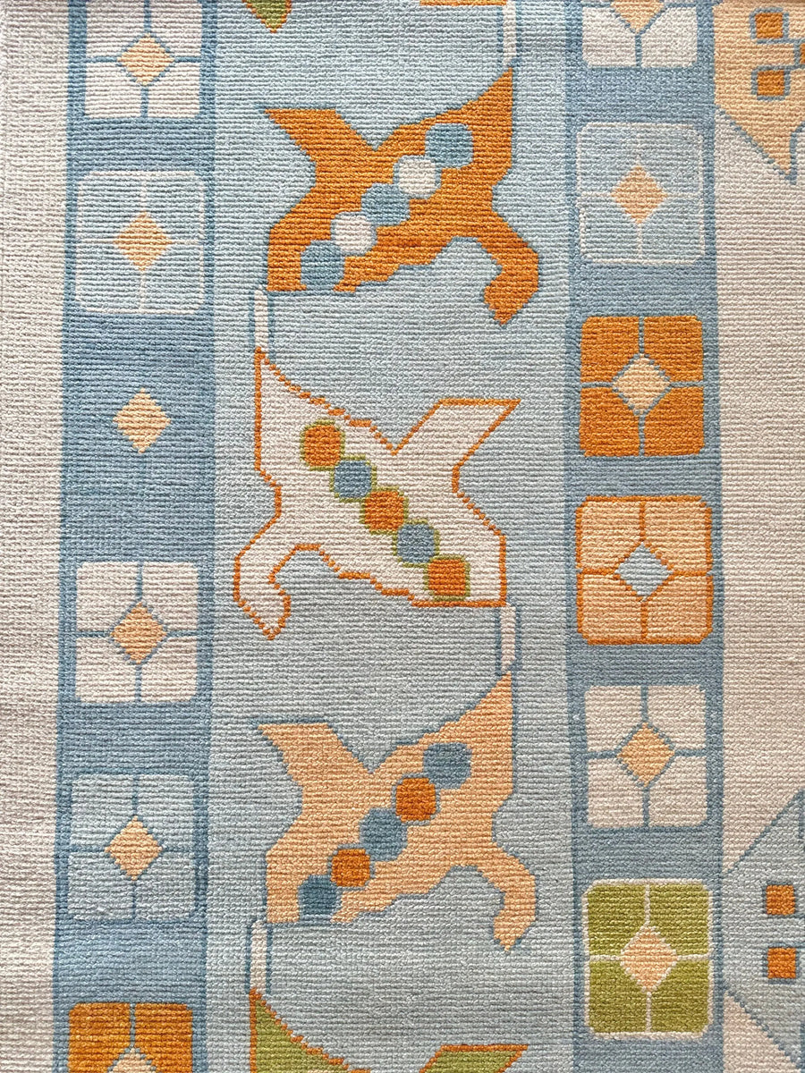 Hand Knotted Oushak Rug – Pastel Blue Turkish Wool Vintage Medallion Area Carpet