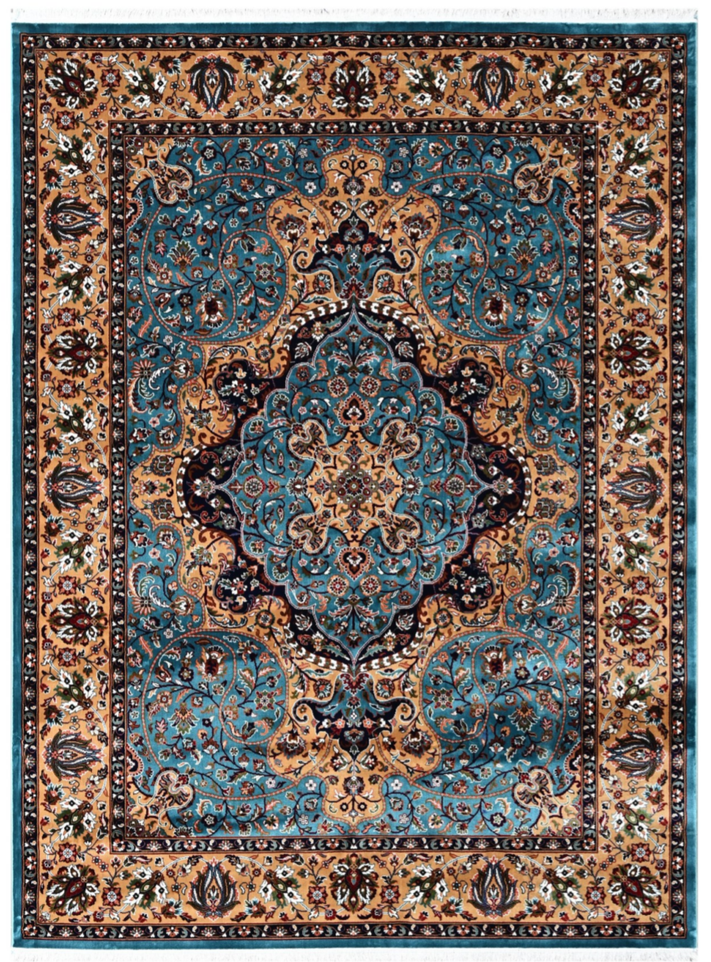 Luxury Persian Silk Rug – Teal Blue Medallion Design with Beige Floral Border