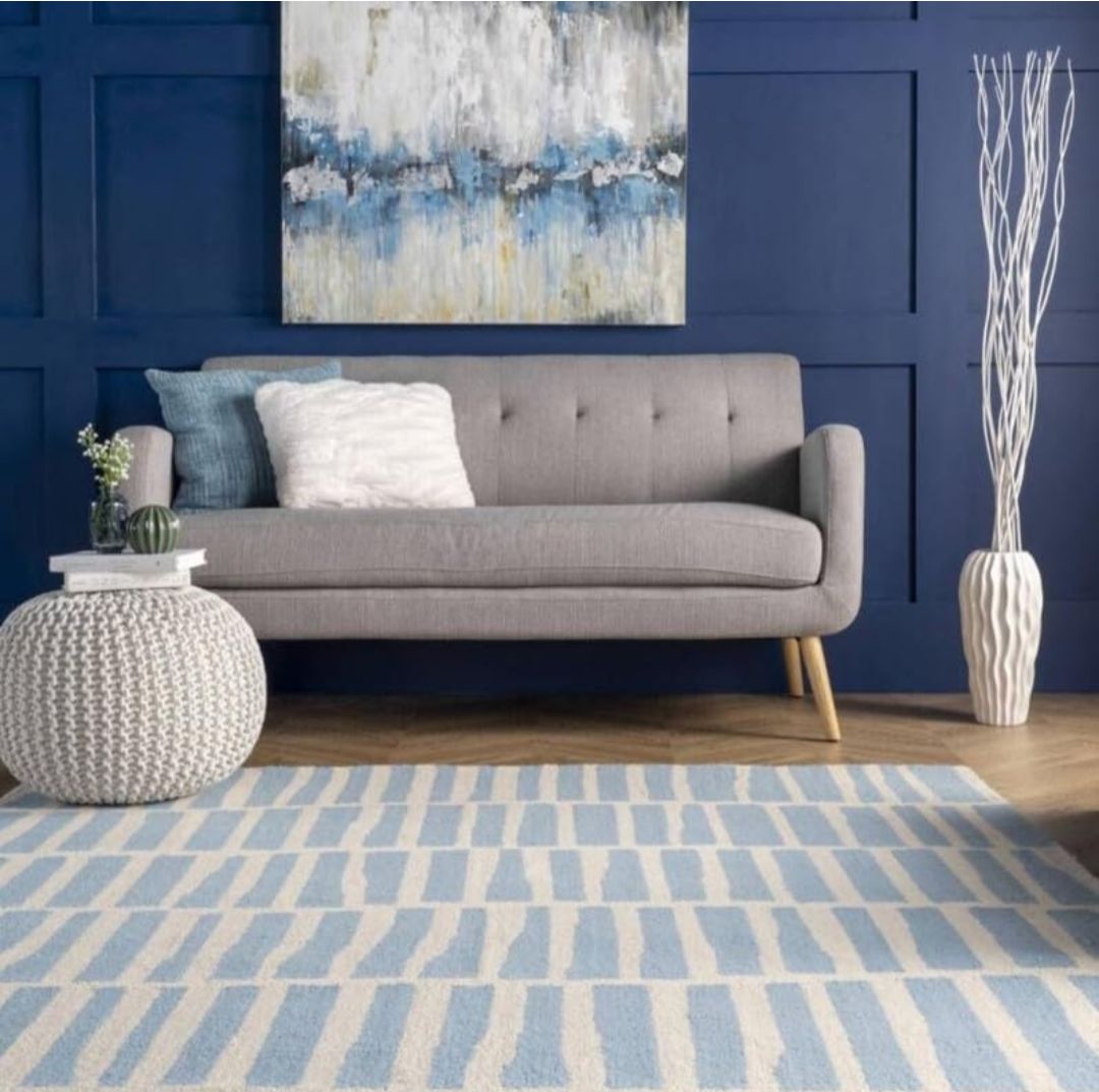 Handmade Blue and White Wool Rug – Modern Abstract Striped Carpet for Living Room, Bedroom or Nursery Decor