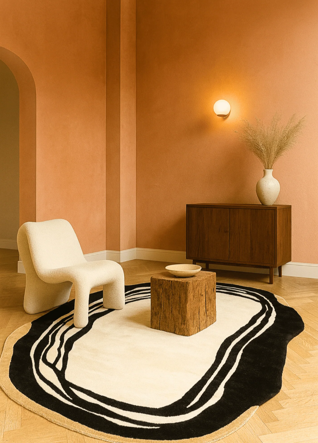 Modern Abstract Organic Shape Hand Tufted Rug – Black, White & Beige Contemporary Art Carpet, Irregular Statement Area Rug