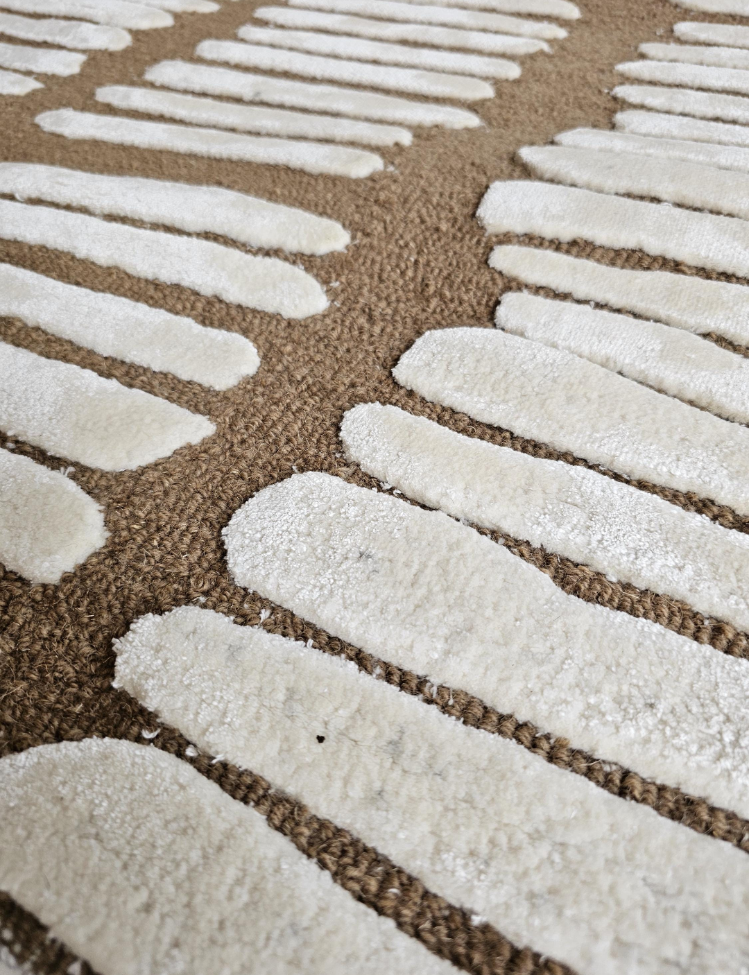 Handmade Modern Wool Rug | Brown & Ivory Abstract Striped Area Carpet | Contemporary Textured Floor Rug for Living Room, Bedroom & Office Decor
