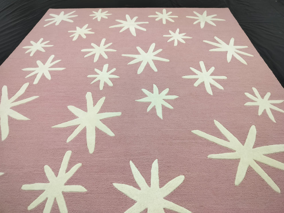 Pink Area Rug with White Starburst Pattern – Modern Hand-Tufted Wool Carpet for Living Room, Bedroom & Playroom Décor