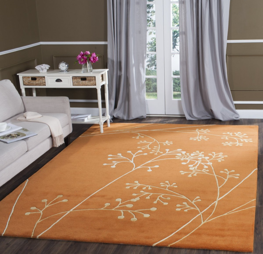 Orange Floral Area Rug with Cream Botanical Vine Design – Modern Soft Carpet for Living Room, Bedroom & Home Décor