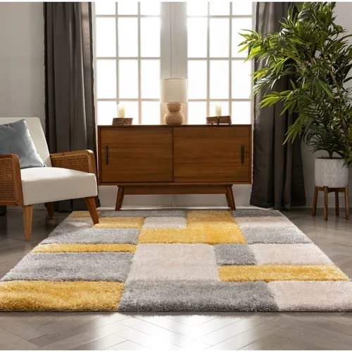 Handcrafted Super Soft Microfiber Shaggy Yellow Silver Ivory Box Shape Carpet Nuha Rugs