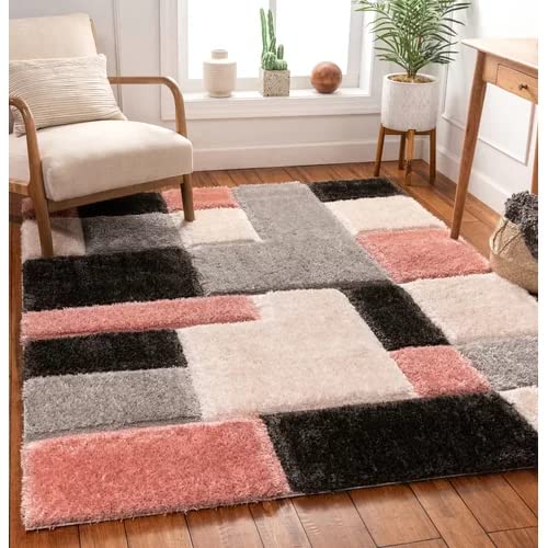 Handcrafted Super Soft Microfiber Shaggy Pink Black Silver Ivory Box Shape Carpet Nuha Rugs