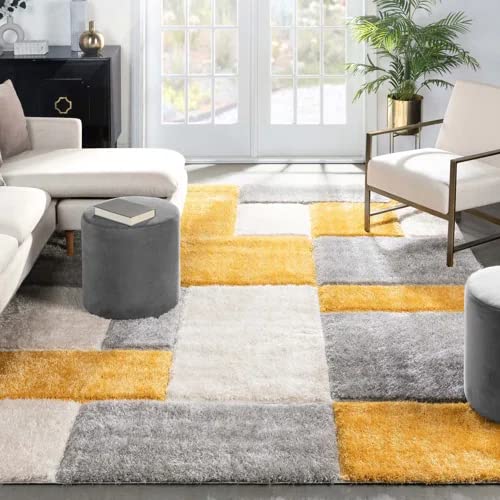 Handcrafted Super Soft Microfiber Shaggy Yellow Silver Ivory Box Shape Carpet Nuha Rugs