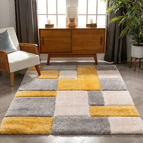 Handcrafted Super Soft Microfiber Shaggy Yellow Silver Ivory Box Shape Carpet Nuha Rugs
