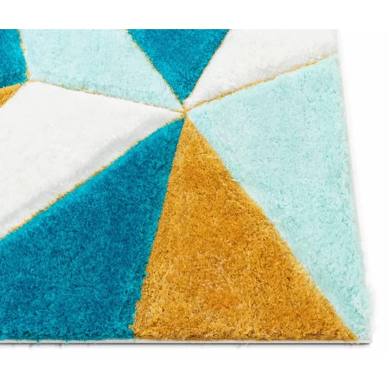 Handcrafted Super Soft Microfiber Shaggy Yellow Turquoise Ivory Diamond Shape Carpet Nuha Rugs