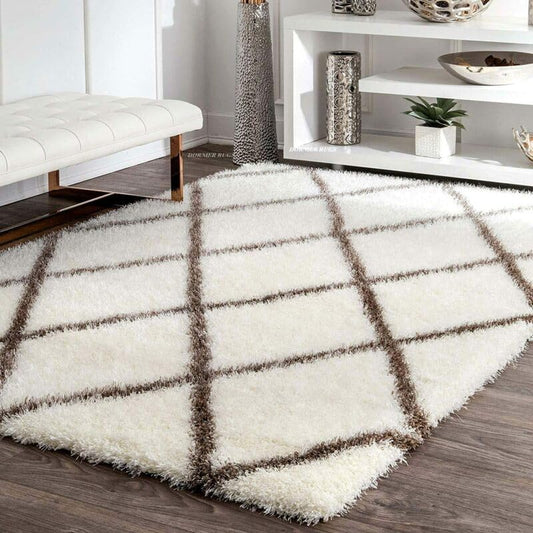 Handcrafted Super Soft Microfiber Shaggy Ivory Beige Trellis Carpet Nuha Rugs