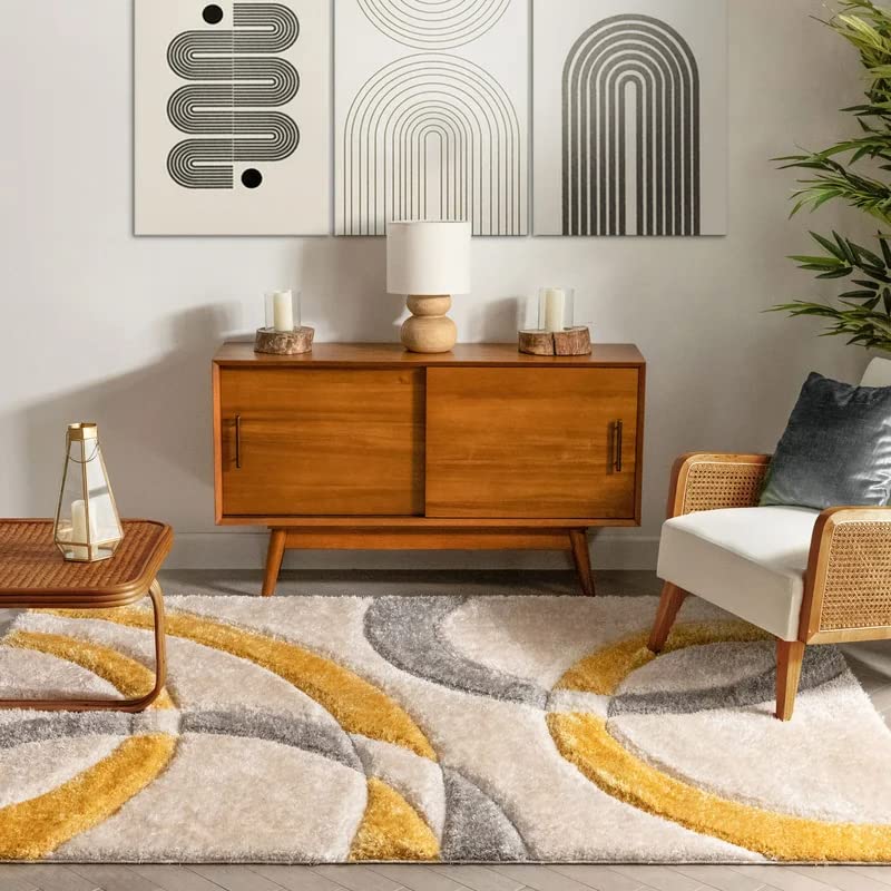 Handcrafted Super Soft Microfiber Shaggy Yellow Silver Ivory Ring Shape Carpet Nuha Rugs
