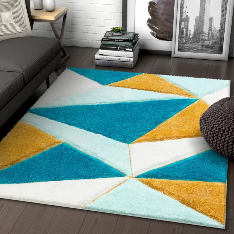 Handcrafted Super Soft Microfiber Shaggy Yellow Turquoise Ivory Diamond Shape Carpet Nuha Rugs
