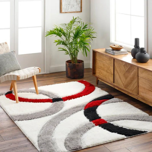 Handcrafted Super Soft Microfiber Shaggy Ivory Red black Ring Carpet Nuha Rugs