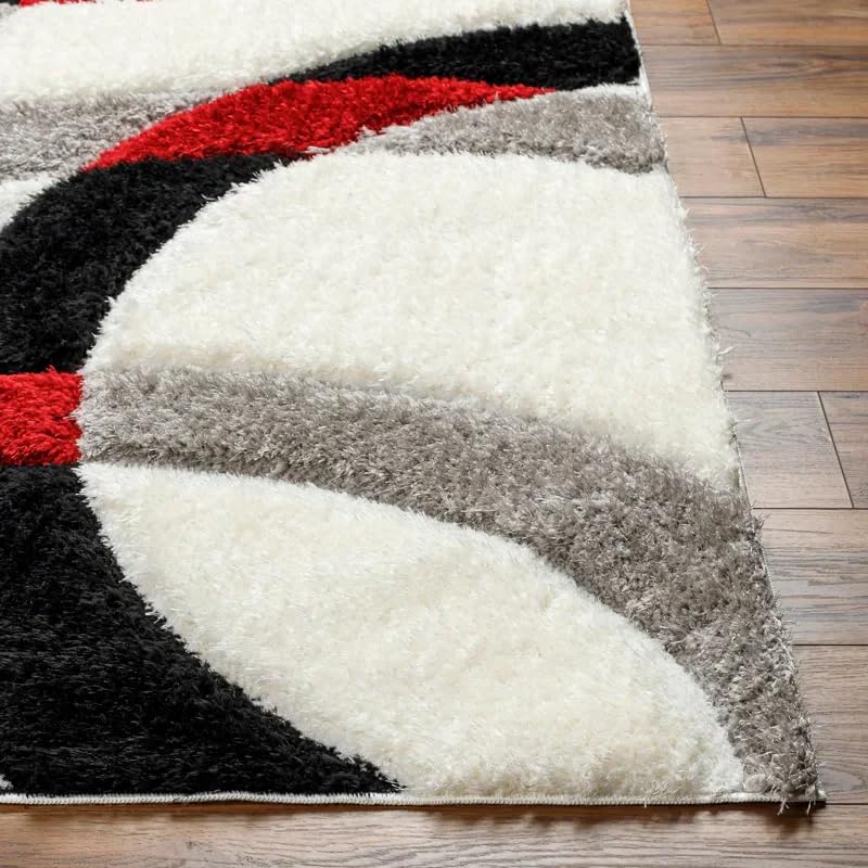 Handcrafted Super Soft Microfiber Shaggy Ivory Red black Ring Carpet Nuha Rugs