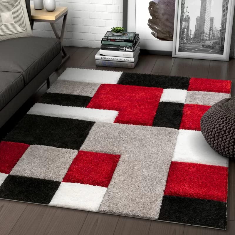Handcrafted Super Soft Microfiber Shaggy Red Black Silver Ivory Box Shape Carpet Nuha Rugs