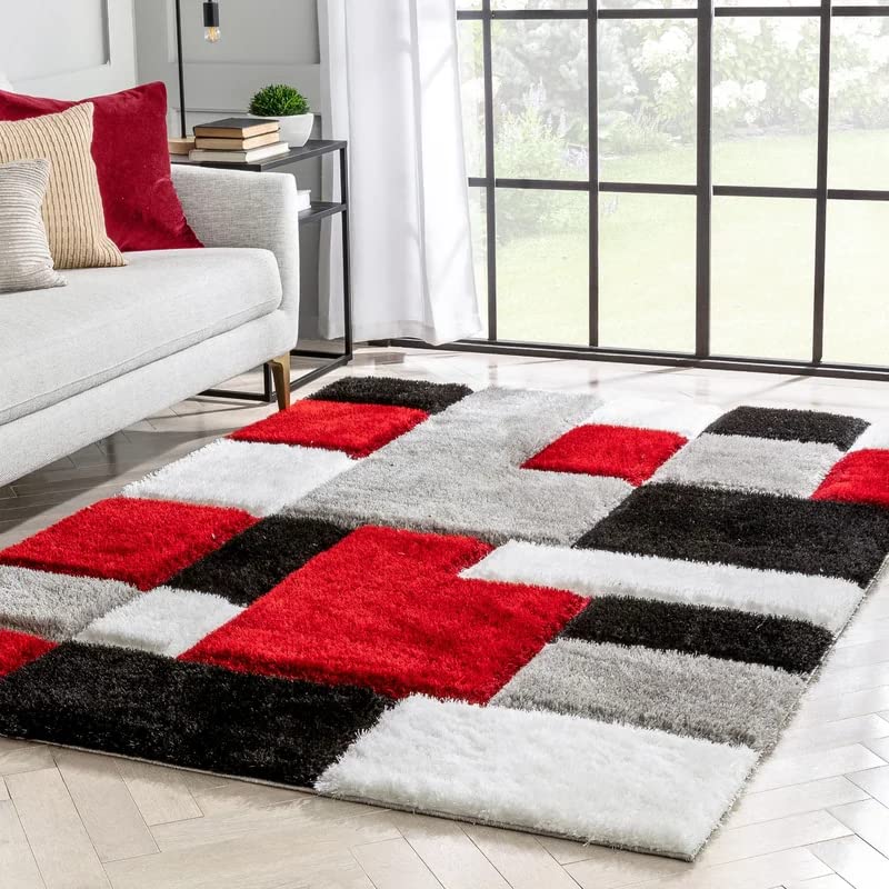 Handcrafted Super Soft Microfiber Shaggy Red Black Silver Ivory Box Shape Carpet Nuha Rugs