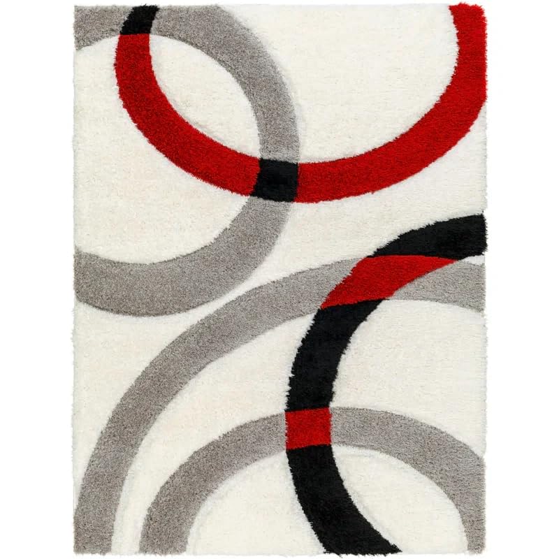 Handcrafted Super Soft Microfiber Shaggy Ivory Red black Ring Carpet Nuha Rugs