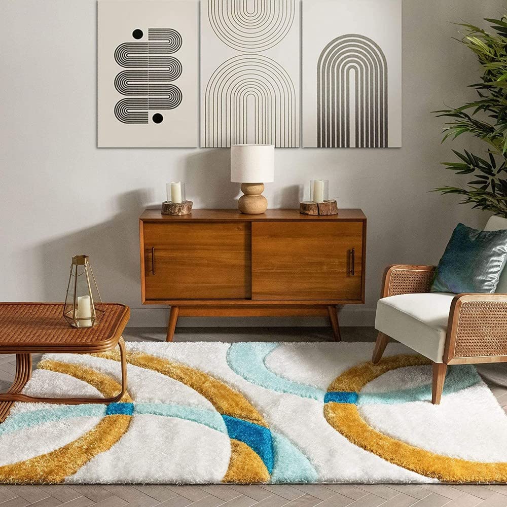 Handcrafted Super Soft Microfiber Shaggy Yellow Turquoise Ivory Ring Shape Carpet Nuha Rugs