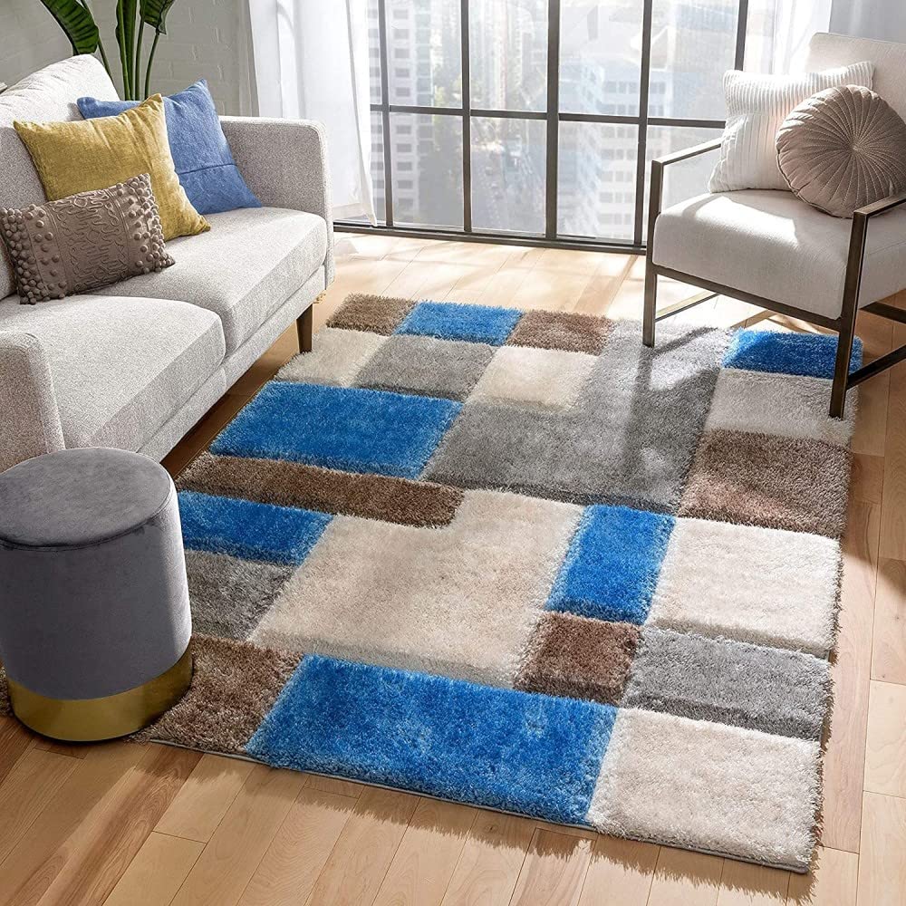 Handcrafted Super Soft Microfiber Shaggy Blue Ivory Silver Box Shape Carpet Nuha Rugs