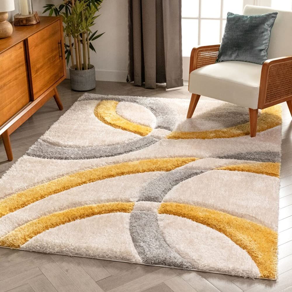 Handcrafted Super Soft Microfiber Shaggy Yellow Silver Ivory Ring Shape Carpet Nuha Rugs