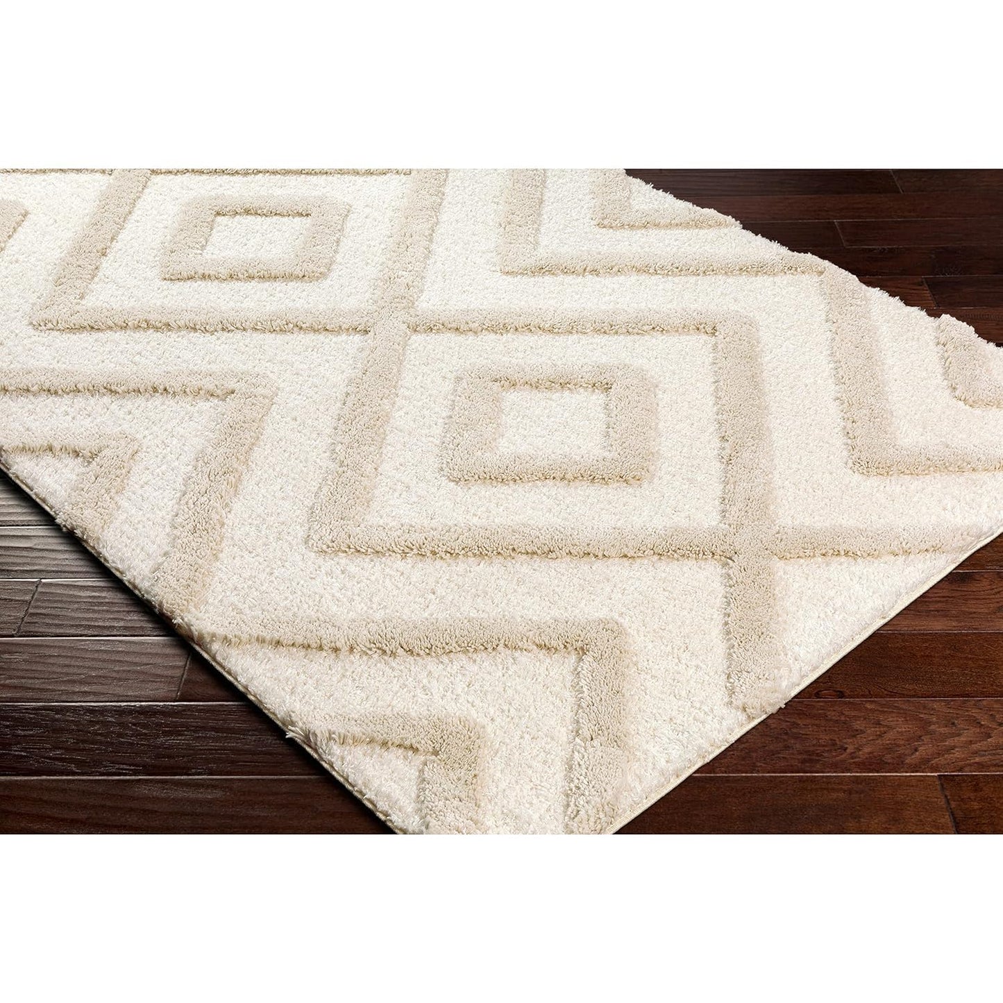Handcrafted Super Soft Microfiber Shaggy Ivory Beige Rhombus Carpet Nuha Rugs