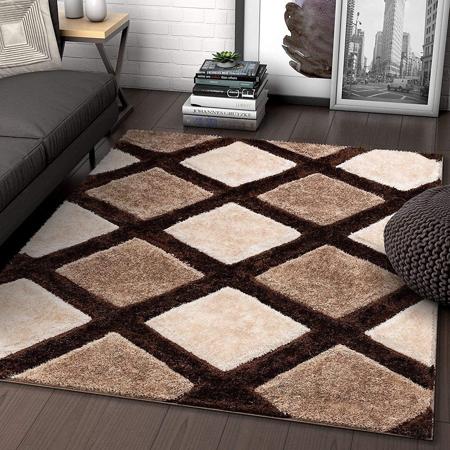 Handcrafted Super Soft Microfiber Shaggy Brown Beige Ivory Rhombus Shape Carpet Nuha Rugs