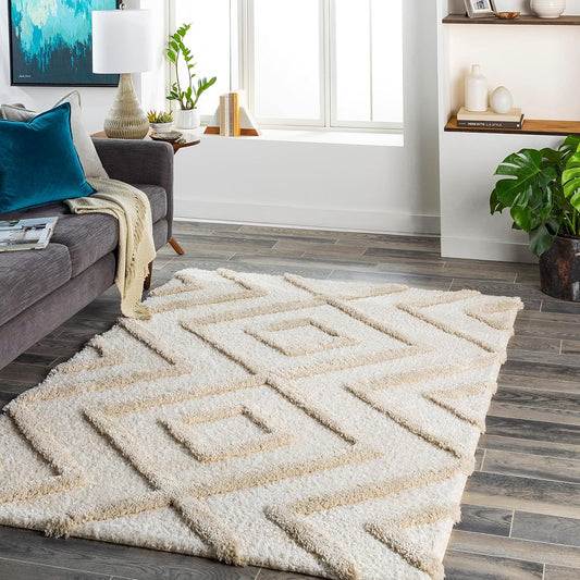 Handcrafted Super Soft Microfiber Shaggy Ivory Beige Rhombus Carpet Nuha Rugs