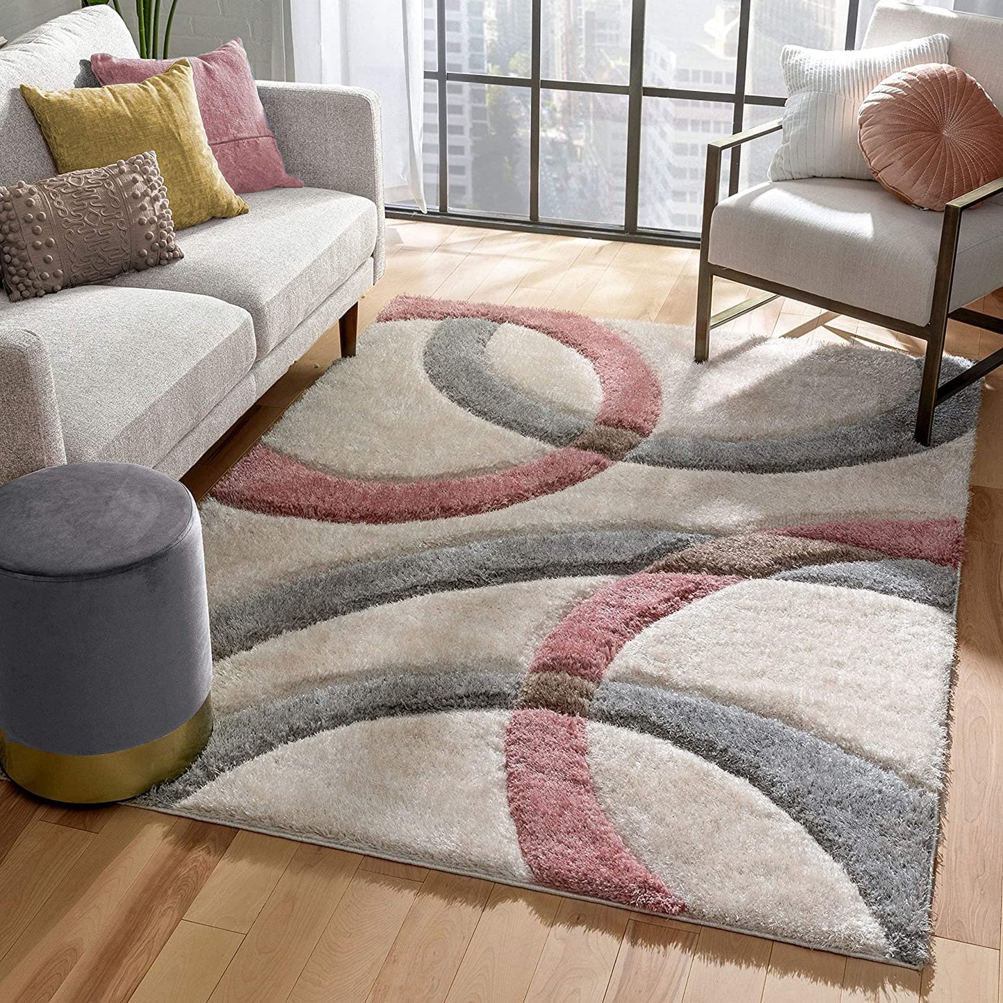 Handcrafted Super Soft Microfiber Shaggy Pink Silver Ivory Ring Shape Carpet Nuha Rugs
