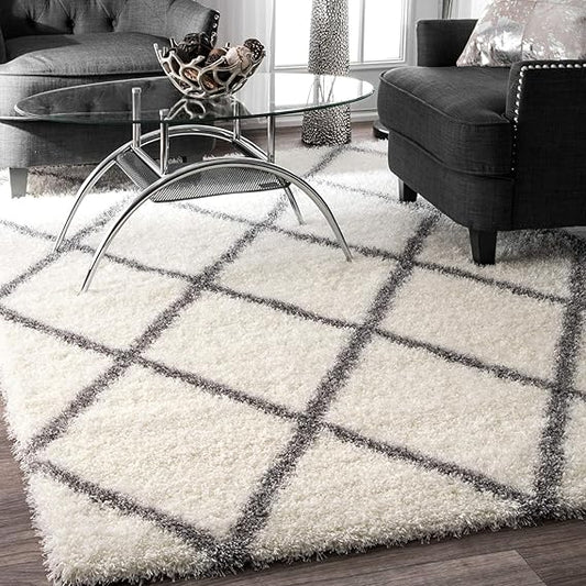 Handcrafted Super Soft Microfiber Shaggy Ivory Grey Trellis Carpet Nuha Rugs