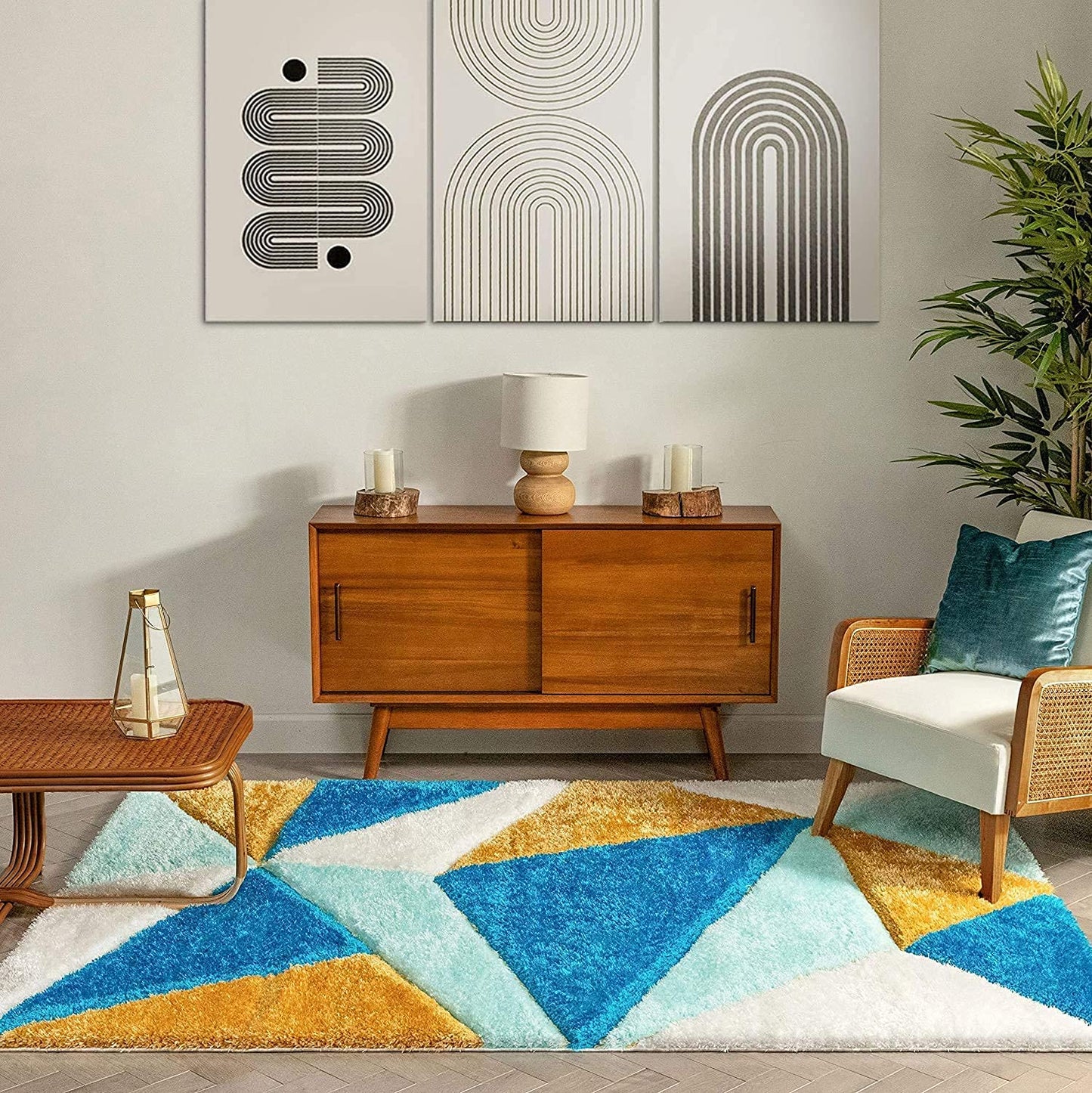Handcrafted Super Soft Microfiber Shaggy Yellow Turquoise Ivory Diamond Shape Carpet Nuha Rugs