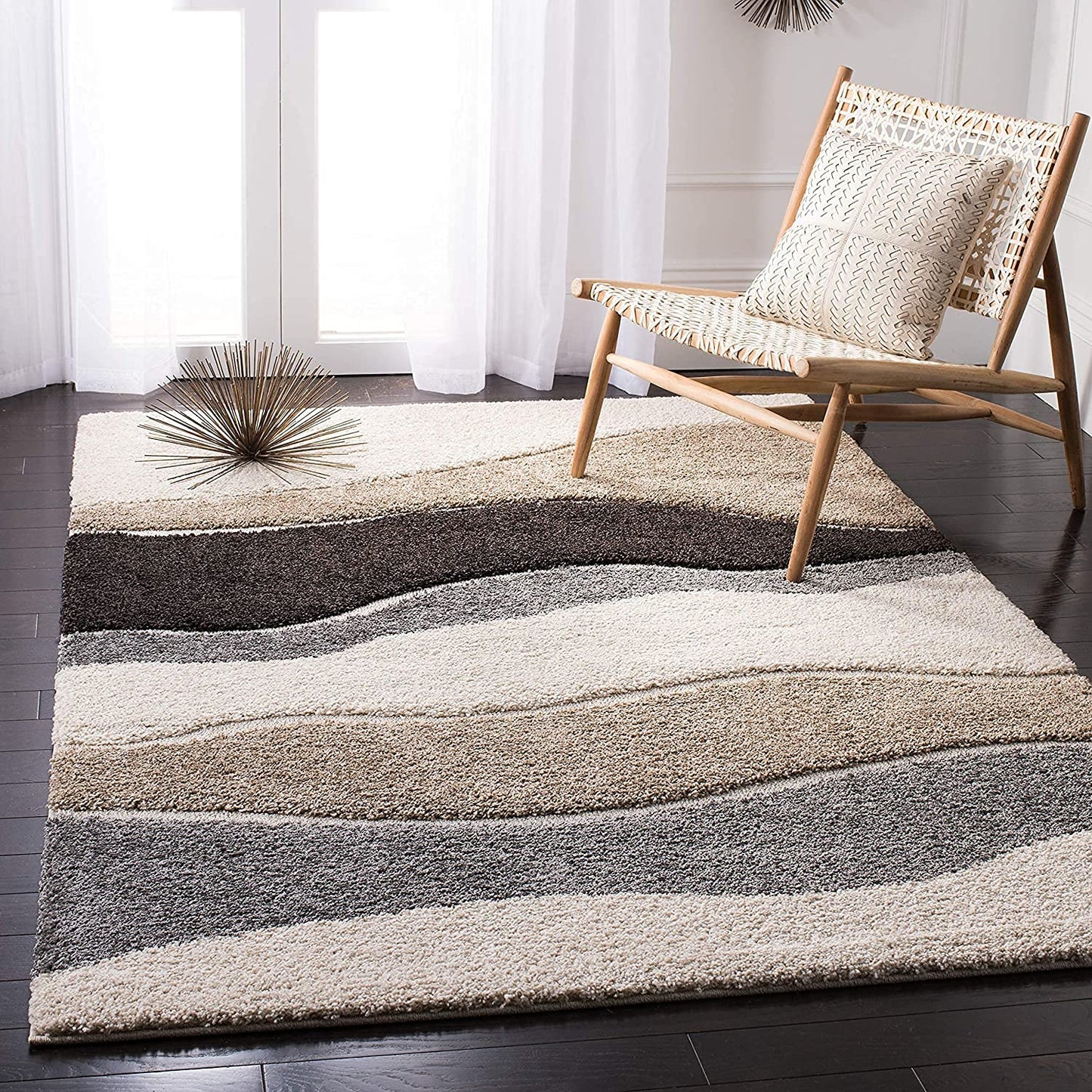 Handcrafted Super Soft Microfiber Shaggy Brown Beige Ivory Wave Shape Carpet Nuha Rugs