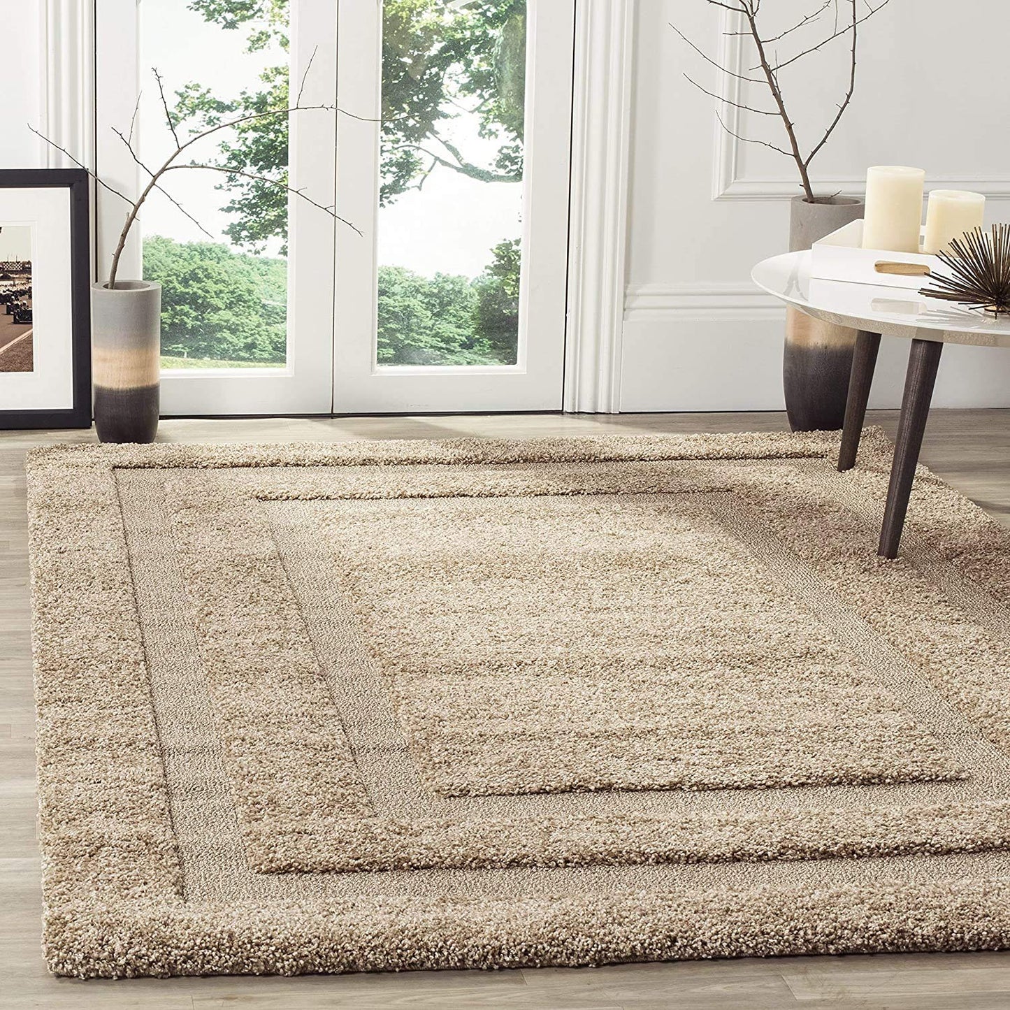 Handcrafted Super Soft Shaggy Beige Frame Design Carpet Nuha Rugs
