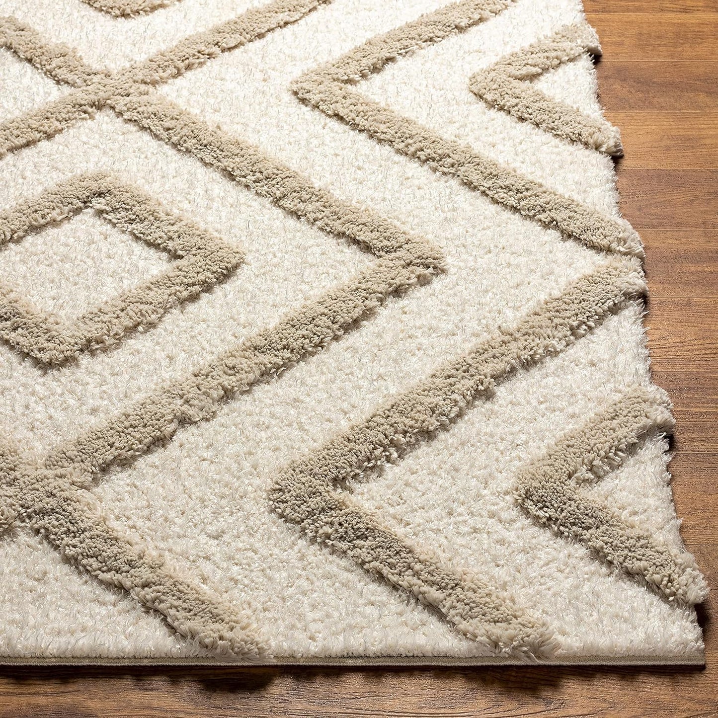 Handcrafted Super Soft Microfiber Shaggy Ivory Beige Rhombus Carpet Nuha Rugs