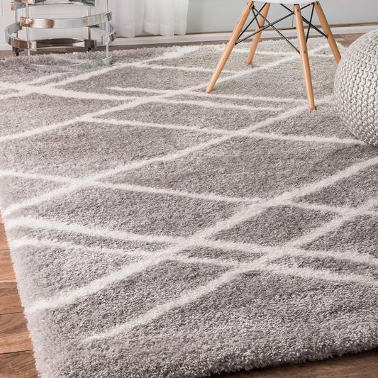 Handcrafted Super Soft Microfiber Shaggy Grey Ivory Cross Carpet Nuha Rugs