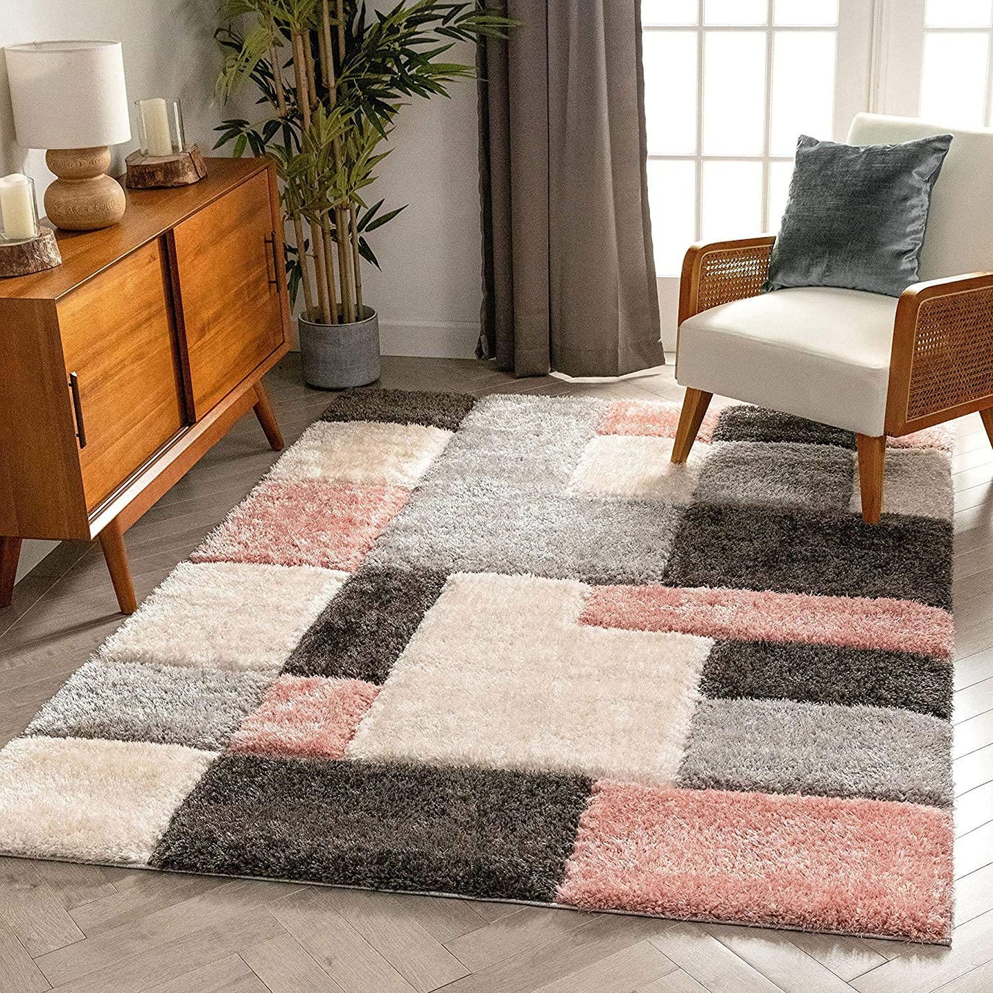 Handcrafted Super Soft Microfiber Shaggy Pink Black Silver Ivory Box Shape Carpet Nuha Rugs