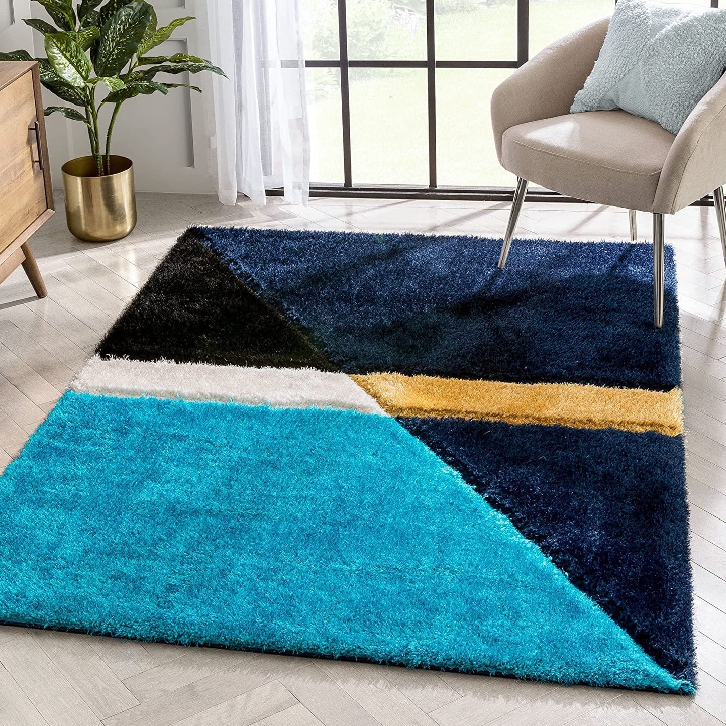 Handcrafted Super Soft Microfiber Shaggy Blue Turquoise Yellow Cross Shape Carpet Nuha Rugs
