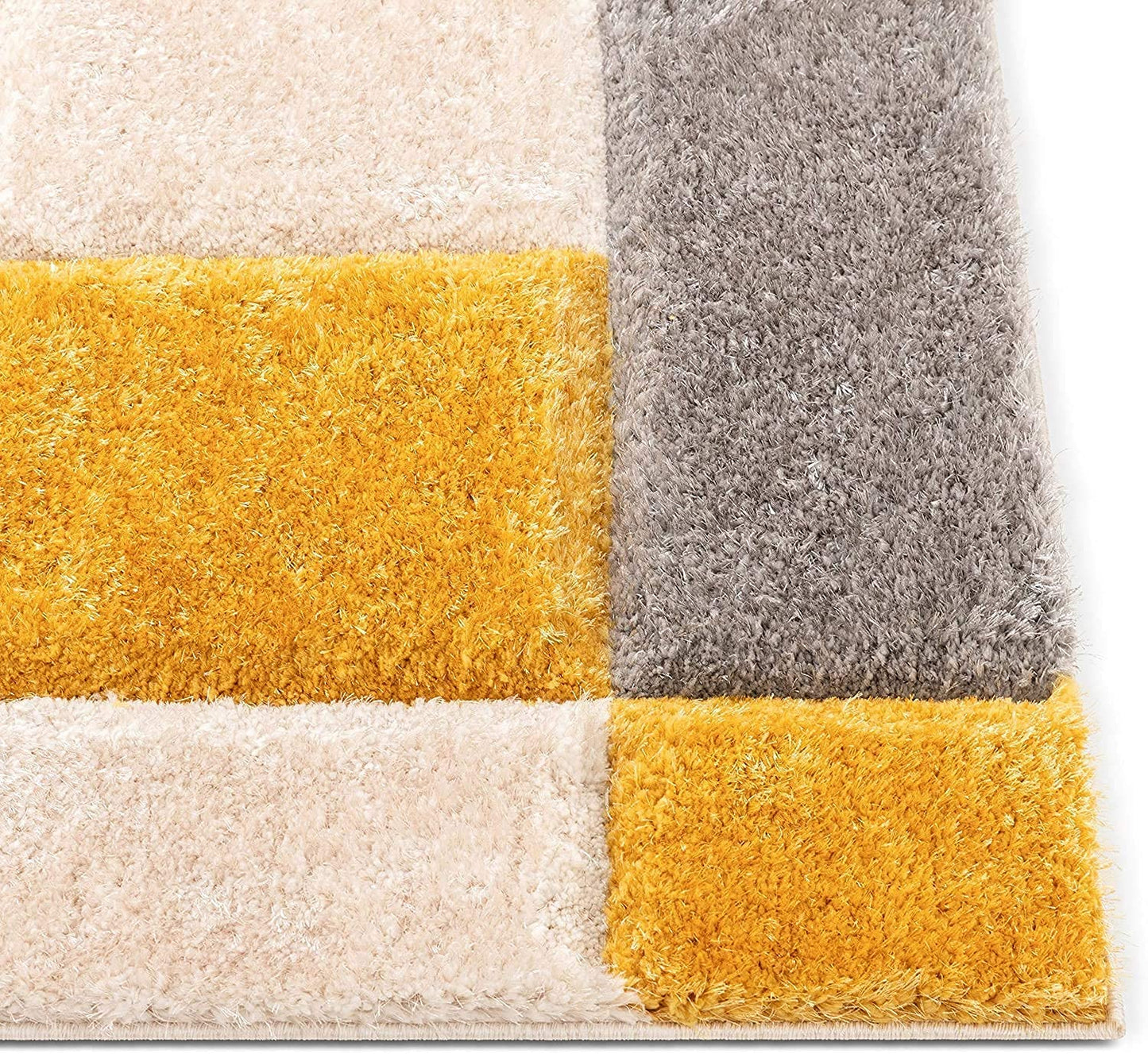Handcrafted Super Soft Microfiber Shaggy Yellow Silver Ivory Box Shape Carpet Nuha Rugs