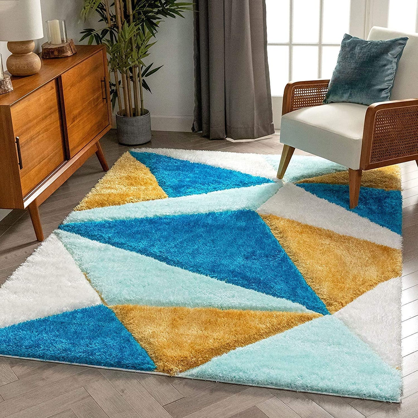 Handcrafted Super Soft Microfiber Shaggy Yellow Turquoise Ivory Diamond Shape Carpet Nuha Rugs