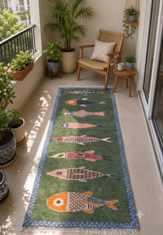 Hand Knotted Oushak Fish Rug, Fish Runner Rug, Nautical Area Rug, Coastal Home Decor, Boho Fish Rug, Colorful Wool Rug, Unique Nursery Rug